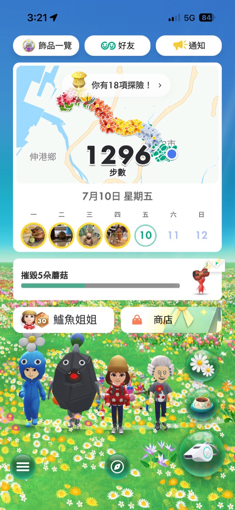 截圖範例：皮克敏主畫面，含當日日期、參加者名稱、當日步數
